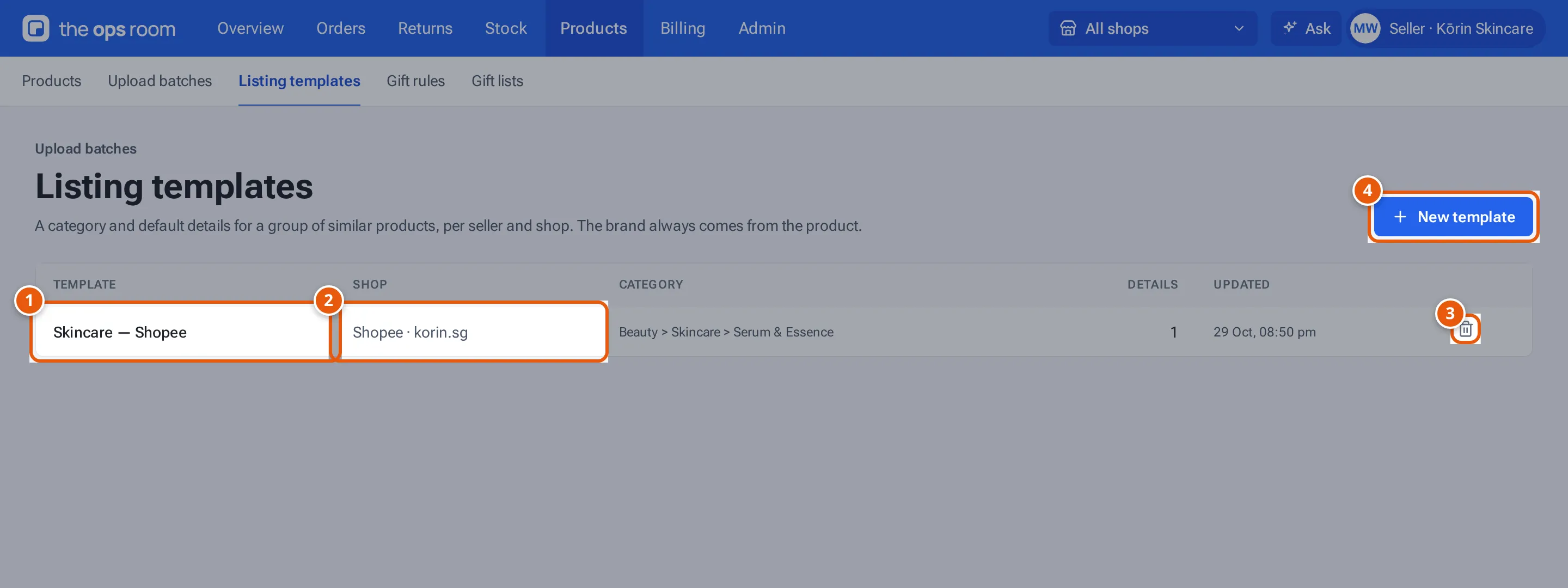 Listing templates: a template, its shop, Delete and New template