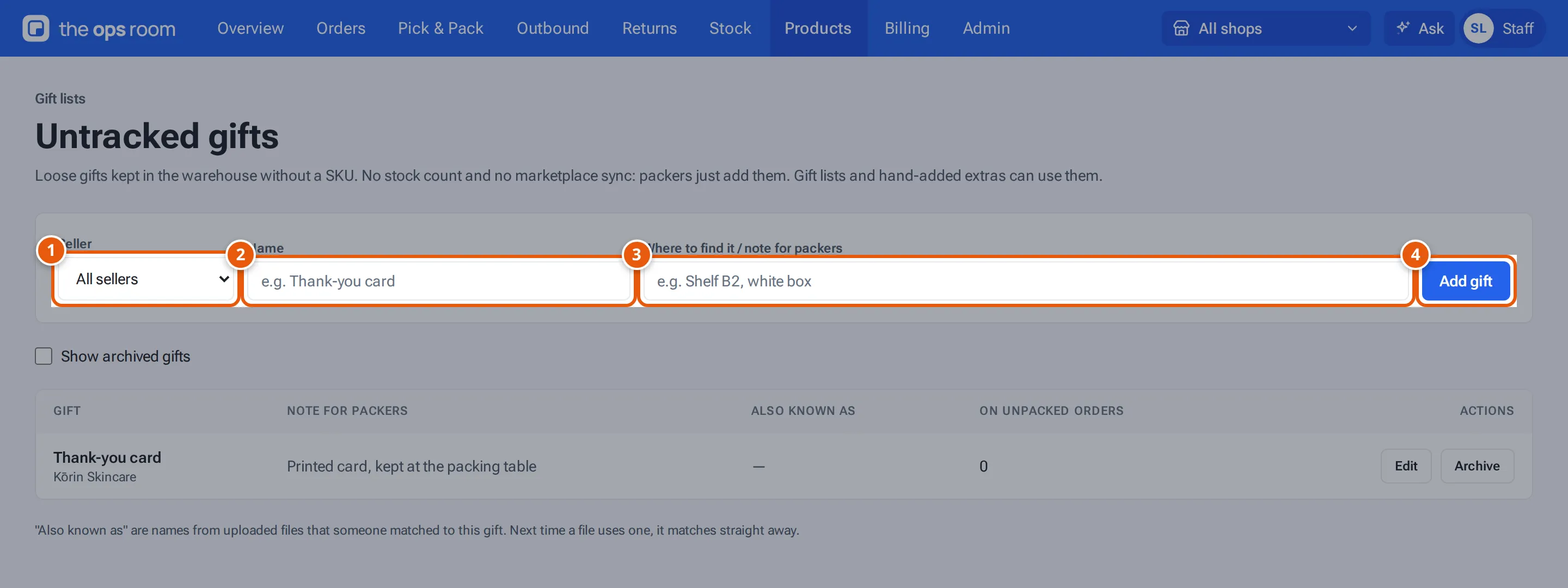 Untracked gifts: Seller, Name, Where to find it and Add gift