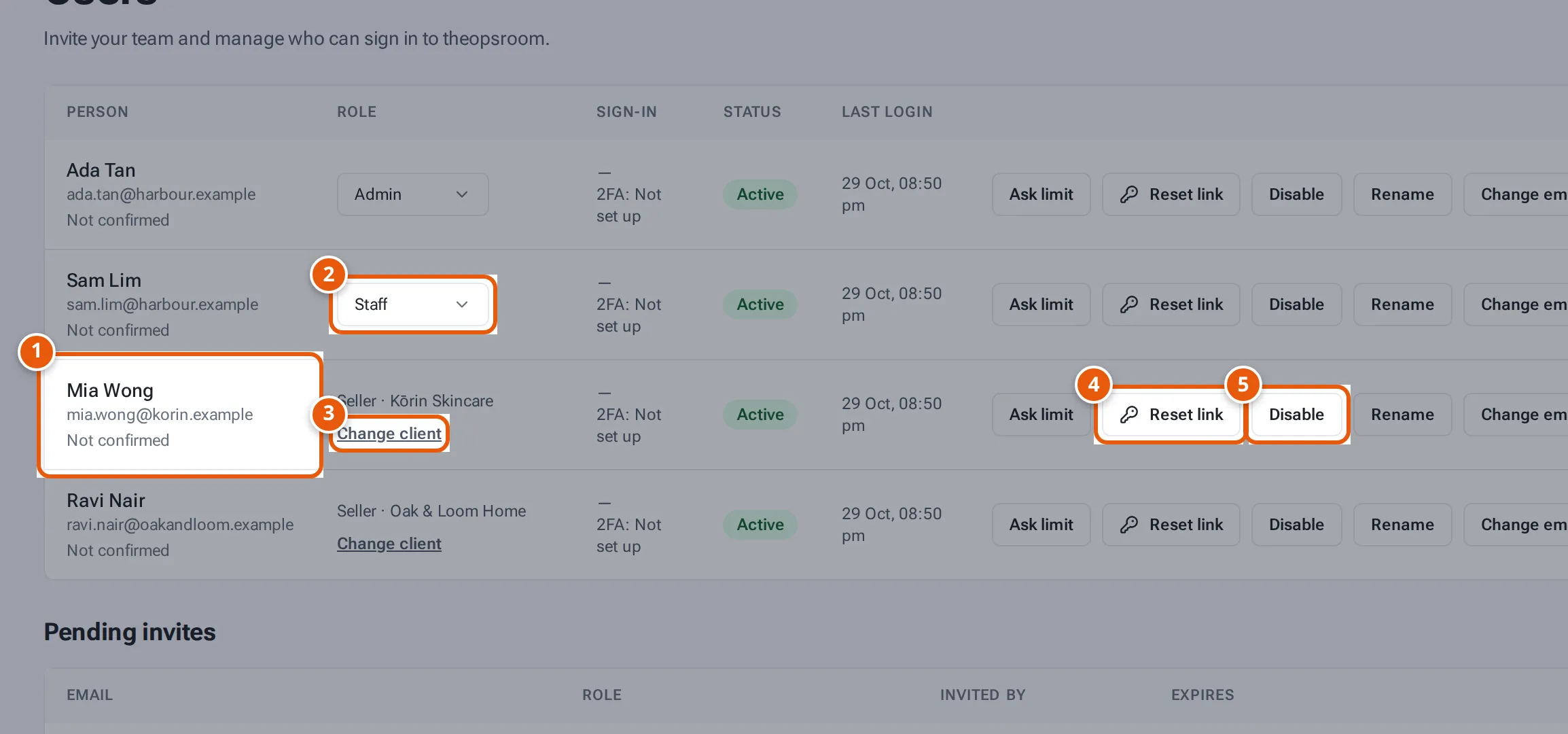 The Users list with a person, a role dropdown, Change client, Reset link and Disable
