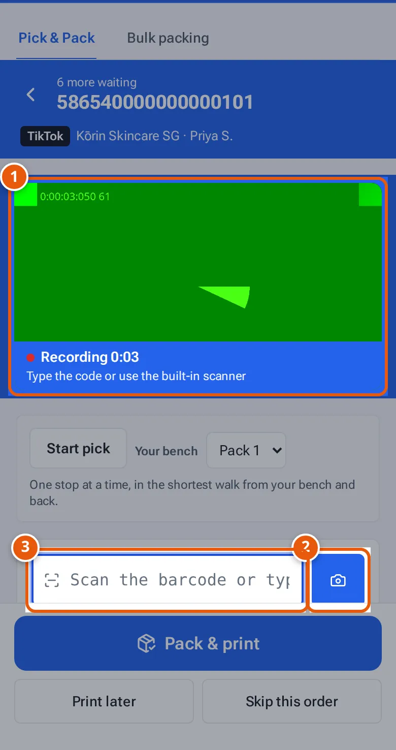 Packing video on a phone: the back camera strip above the order, Use camera and the scan box