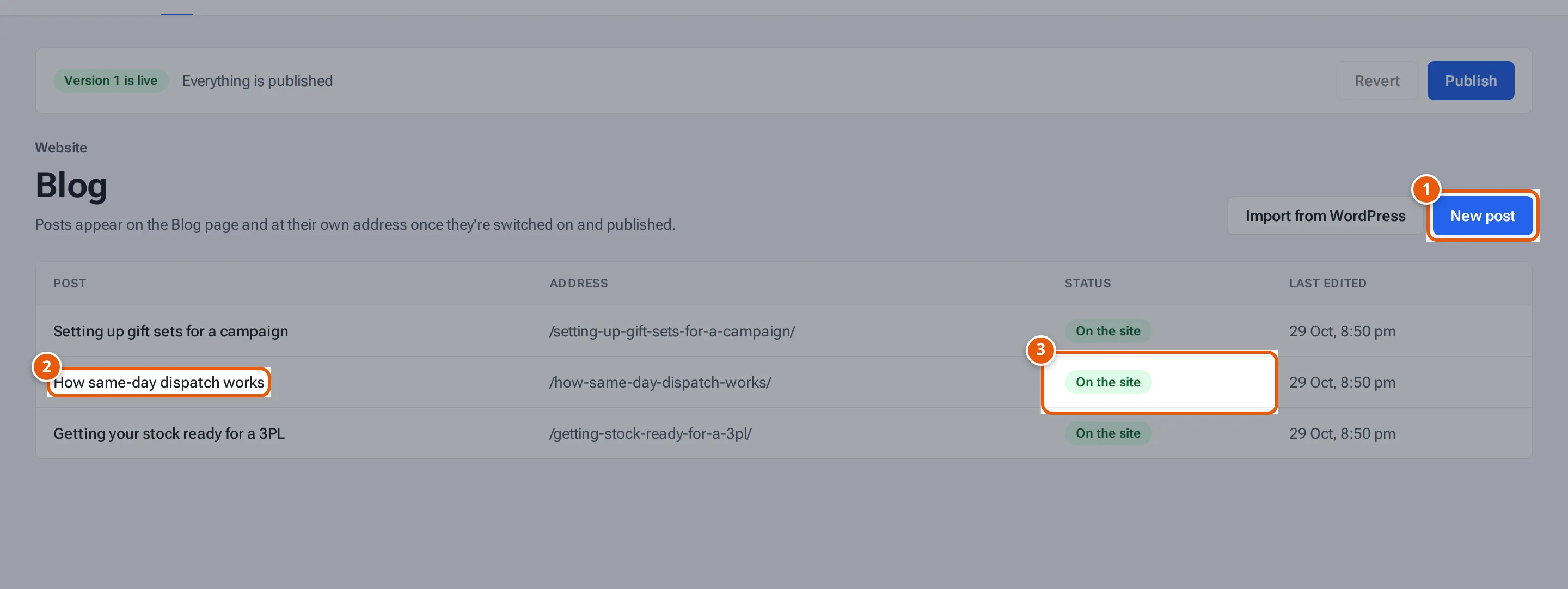 Website, Blog: New post and the list of posts with their addresses and status