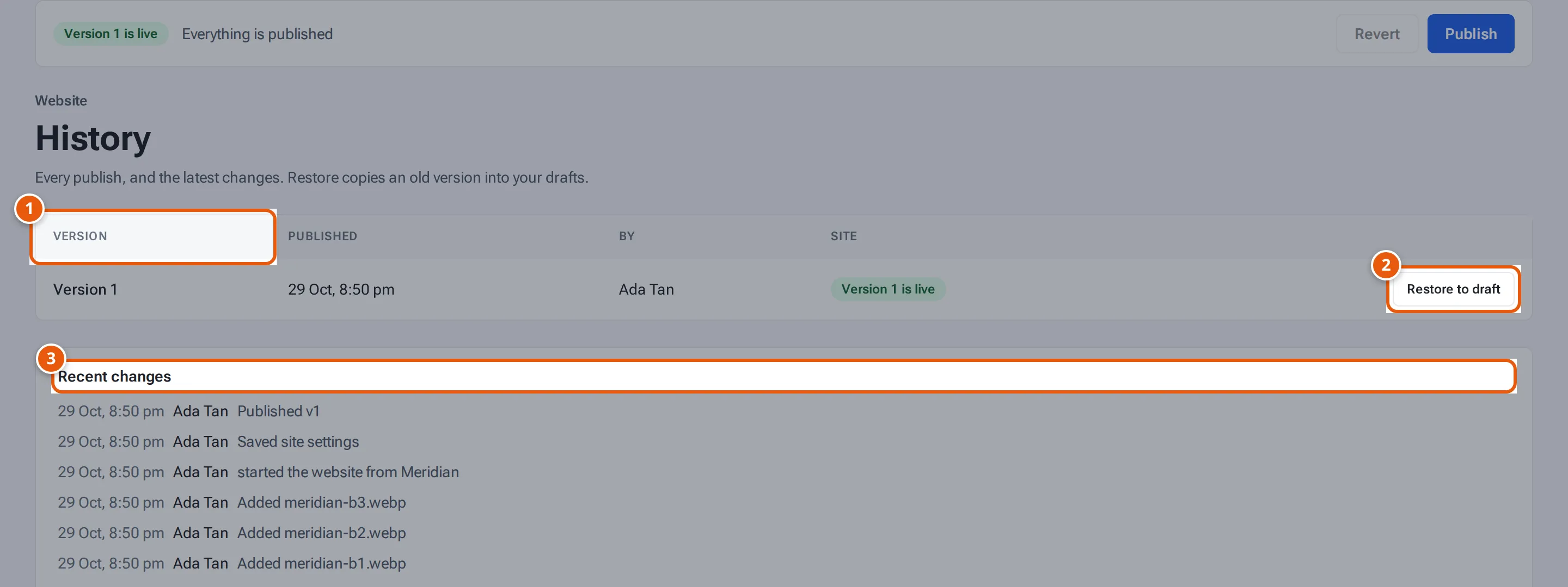 Website, History: each published version with Restore to draft, and Recent changes