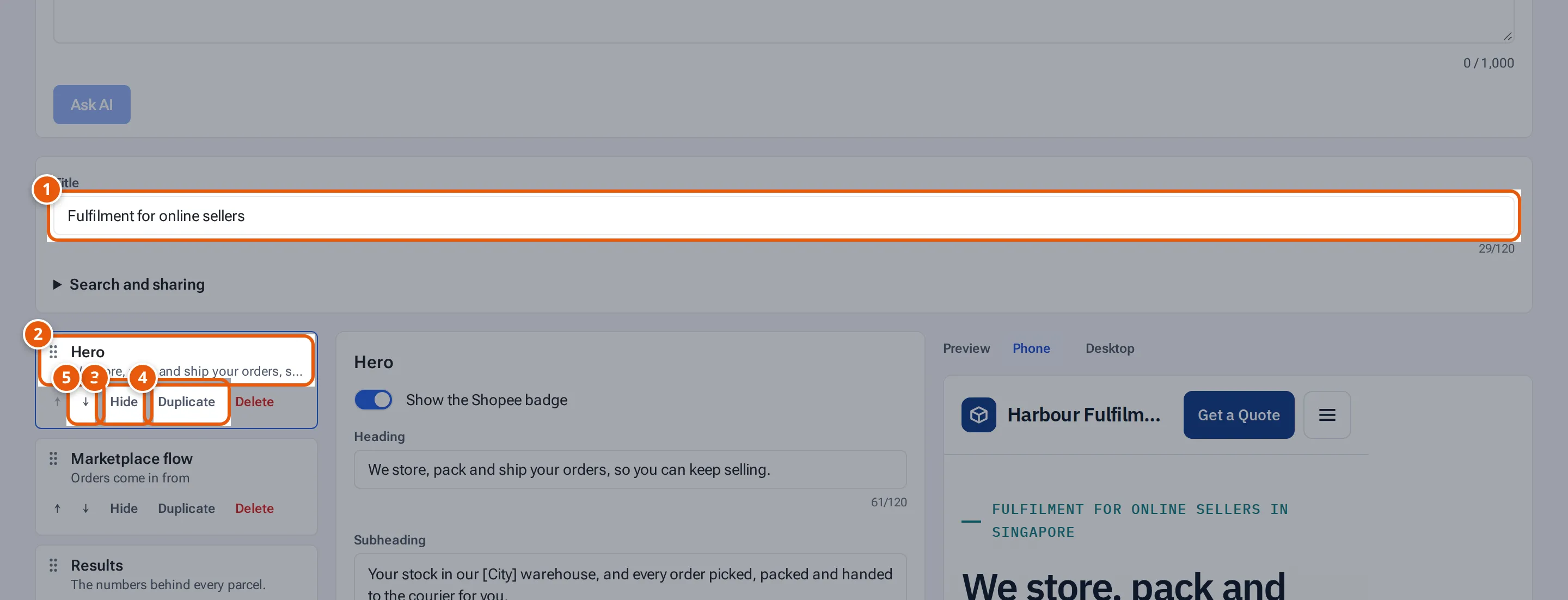 A page open in the editor: its title and the sections, each with Hide, Duplicate and move buttons