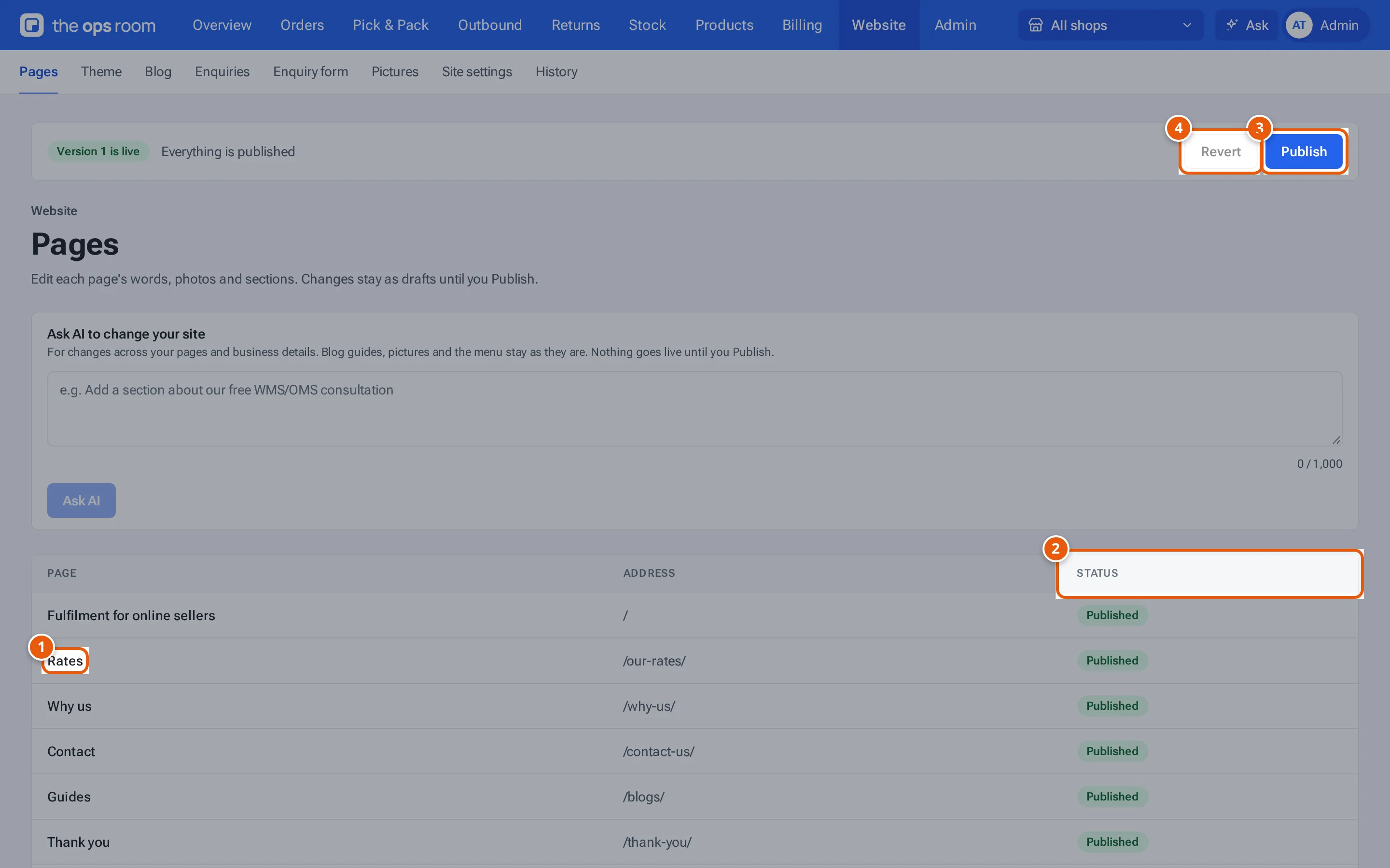 Website, Pages: the publish bar and the list of pages with their addresses and status