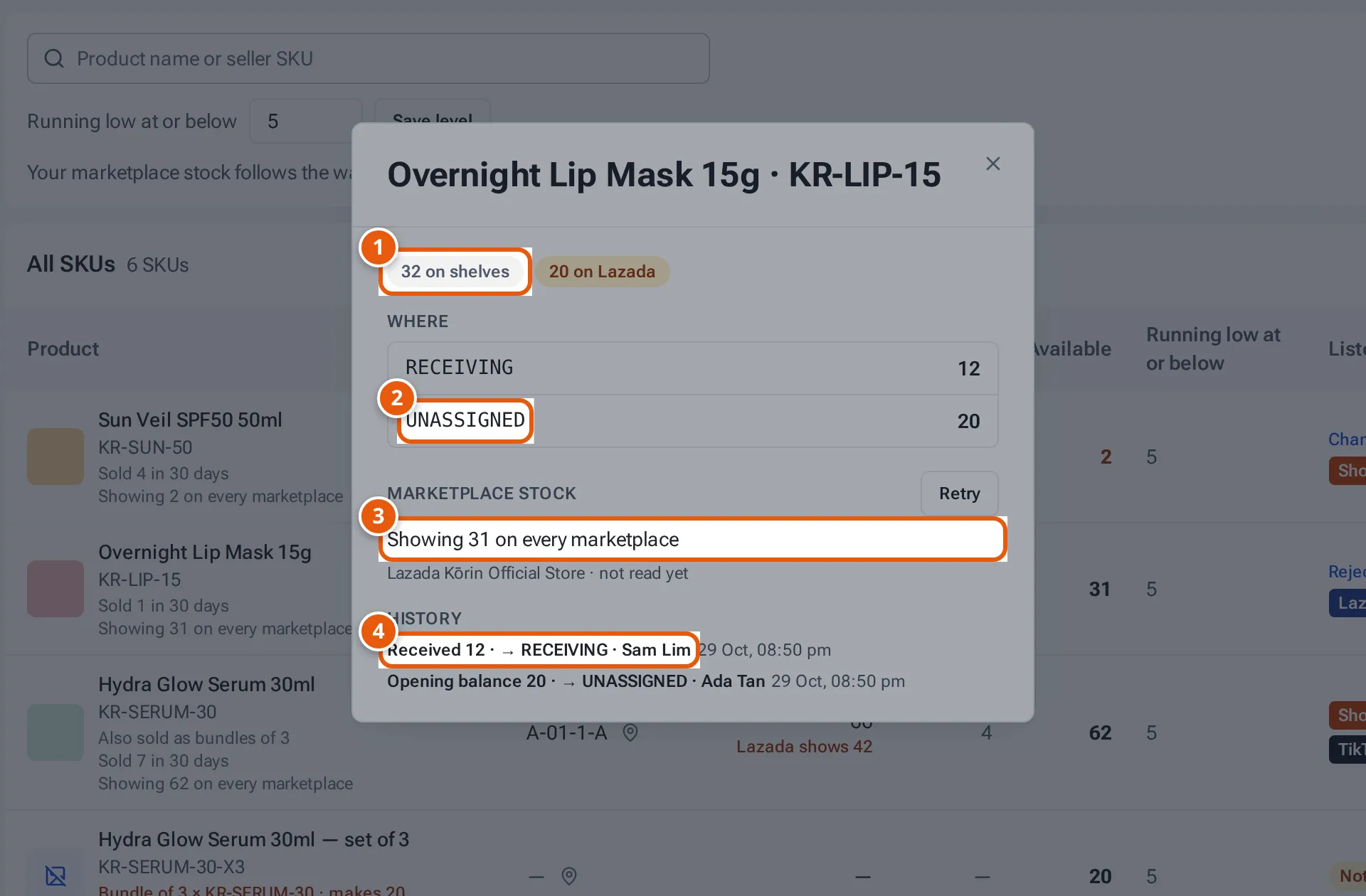 A SKU's stock window: units on shelves, where they are, what the marketplaces show, and history