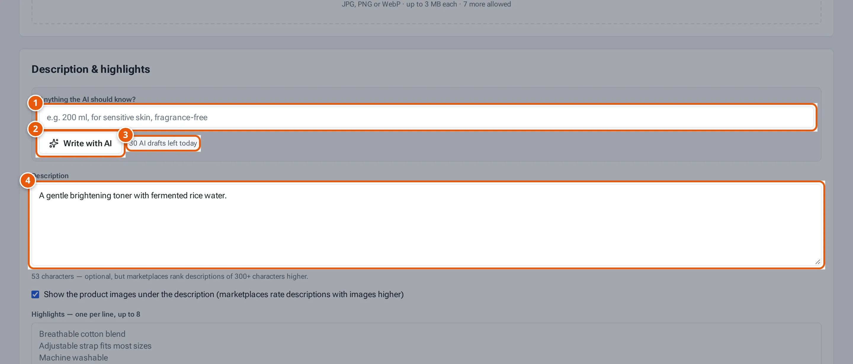 Description & highlights: the AI note, Write with AI, drafts left today, and the Description